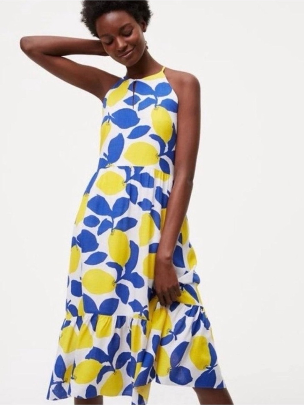LOFT Midi Dress 6 Blue Yellow Lemon Keyhole Sleeveless Summer Women's